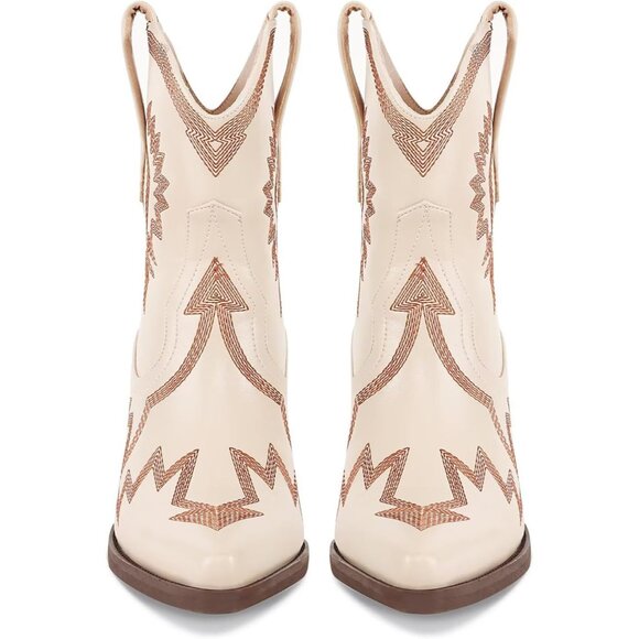 Women's Metallic Embroidered Pointed Toe Cowgirl Boots Chunky Heel Pull-On Khaki - Picture 3 of 6